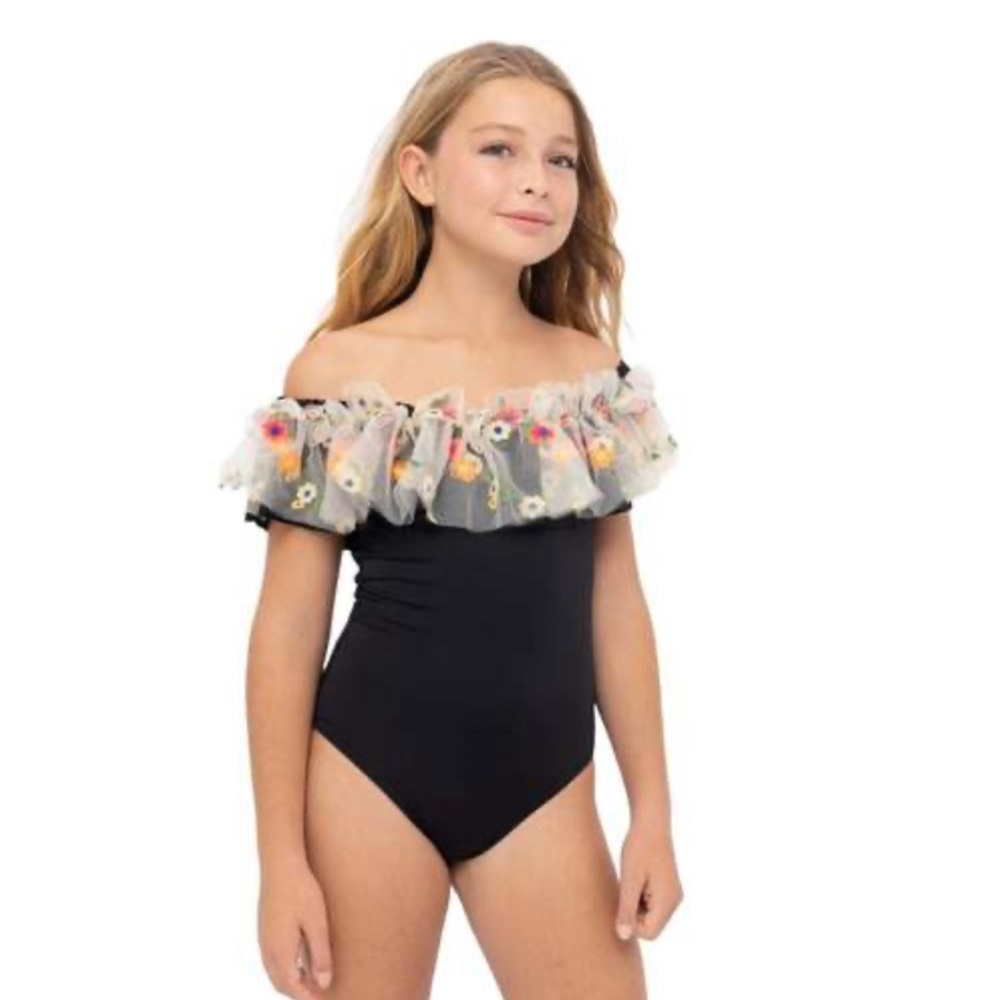NWT Stella Cove Black Floral Tulle Kids Swimsuit